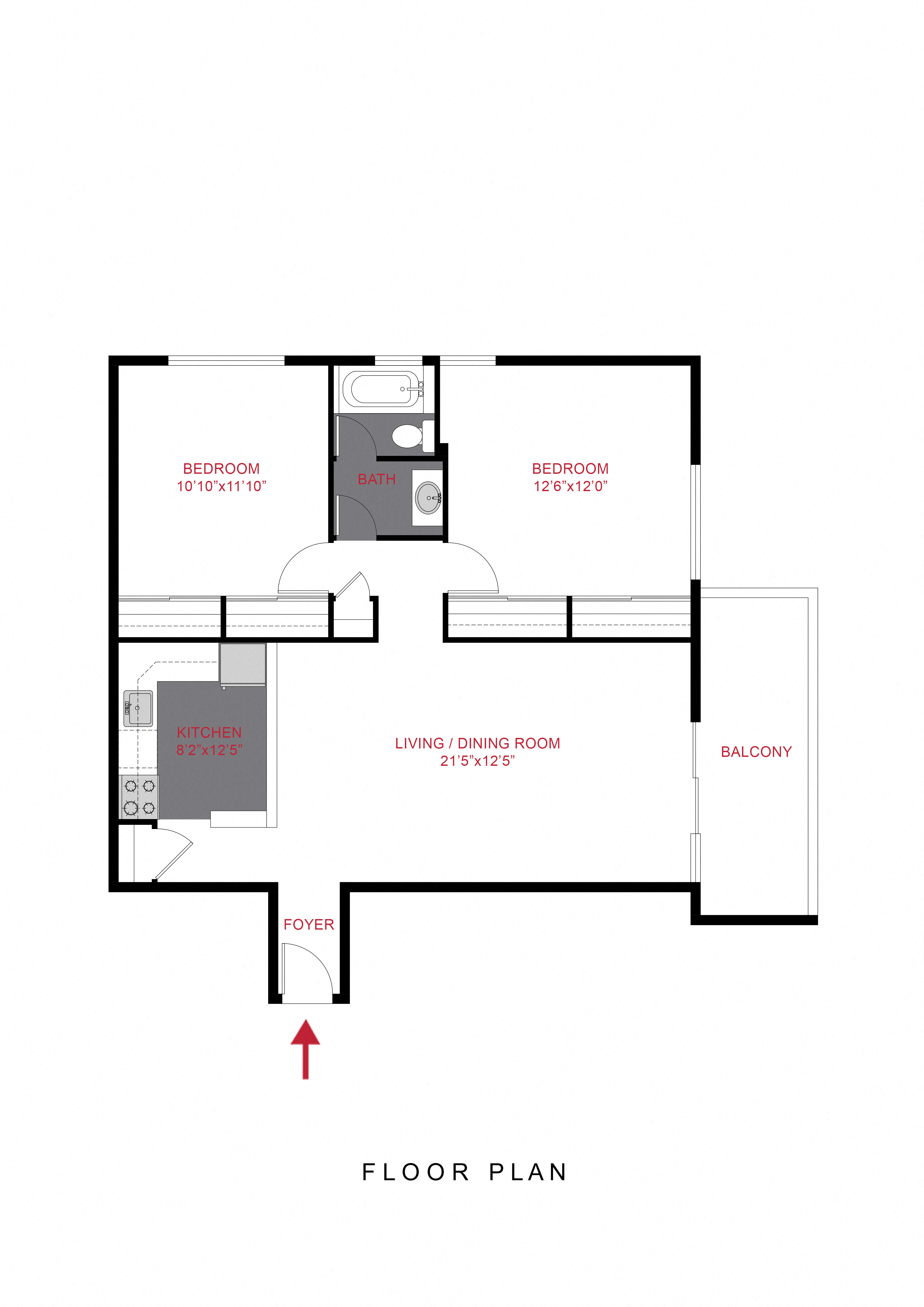 Floor plan for 2 beds, 1 bath, 787 sqft